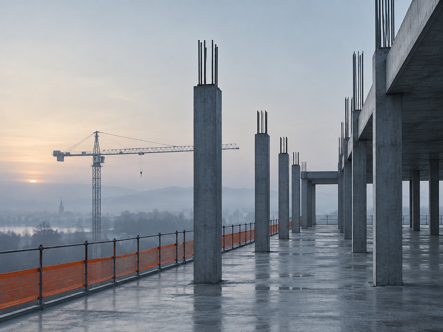 Estructura de hormig&oacute;n visto y acero en obra, al amanecer con niebla ligera