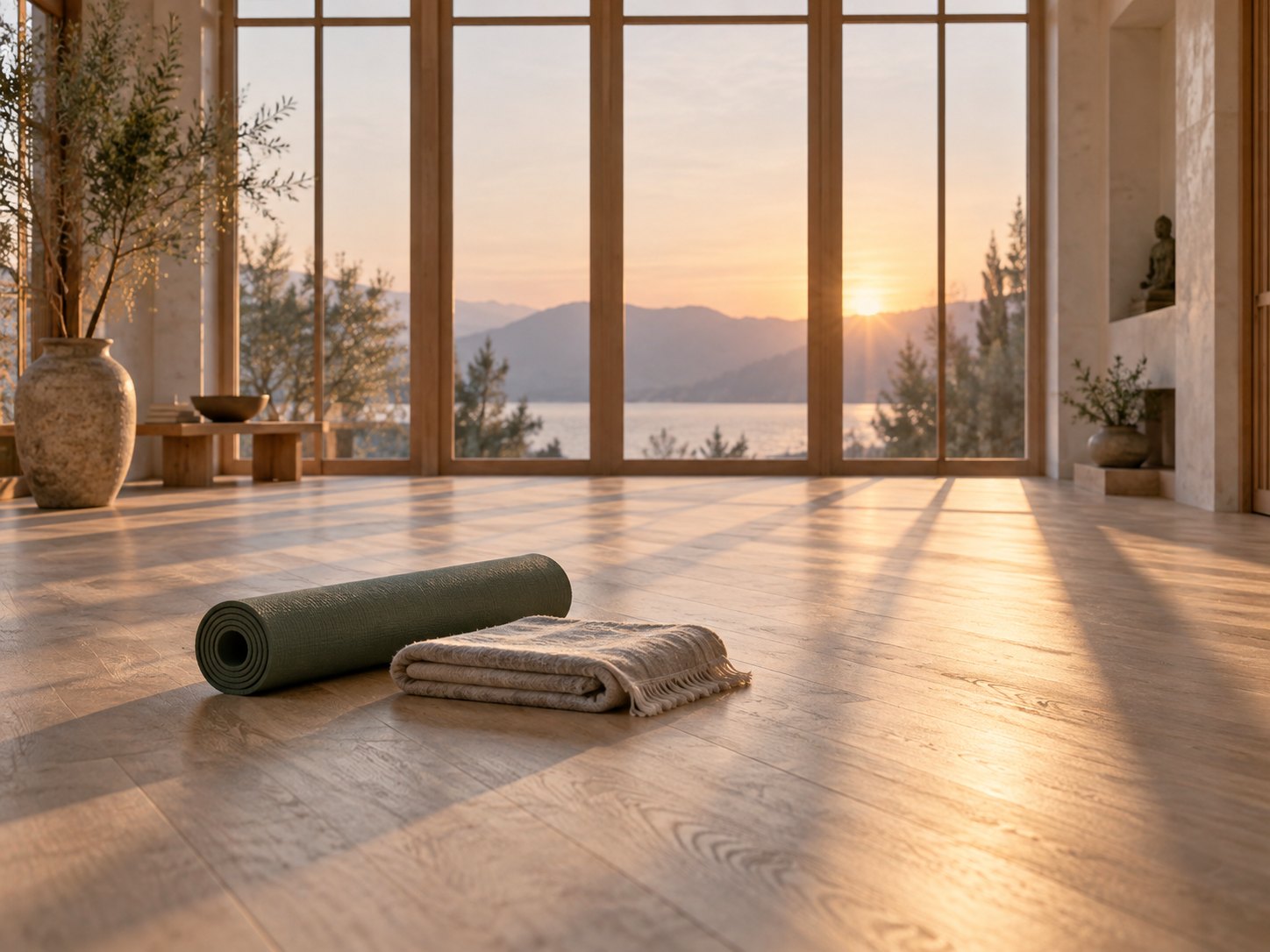 Sala de yoga vac&iacute;a al amanecer, con la luz entrando en diagonal por los ventanales